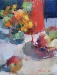 Still Life with Apples and Nasturtiums - 18x14" - oil-linen  - unframed