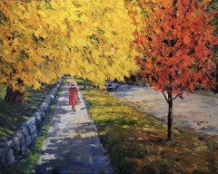Ron Hedrick - Girl On Autumn Sidewalk - 24 x 30 - Oil / Canvas