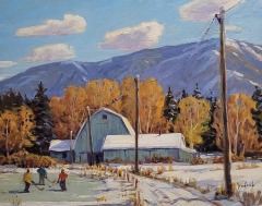 Ron Hedrick - Hockey Players with Green Barn -16 x 20 - Oil / Canvas